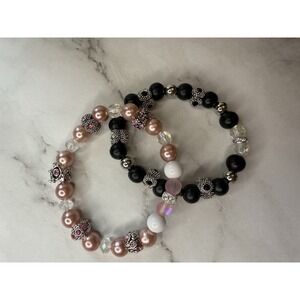 handmade beaded bracelet set chunky black‎ pink white and silver tone